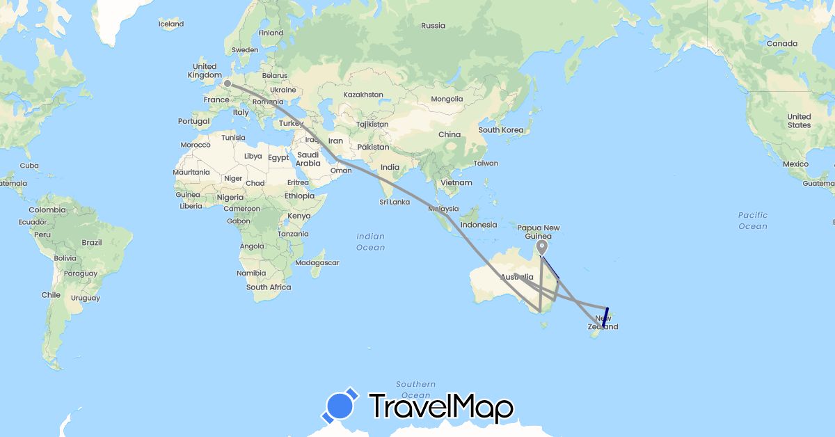 TravelMap itinerary: driving, plane in United Arab Emirates, Australia, Germany, New Zealand, Singapore (Asia, Europe, Oceania)